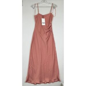 ZARA‎ Ruched Midi Dress Dusty Pink Salmon Strap Women's XS